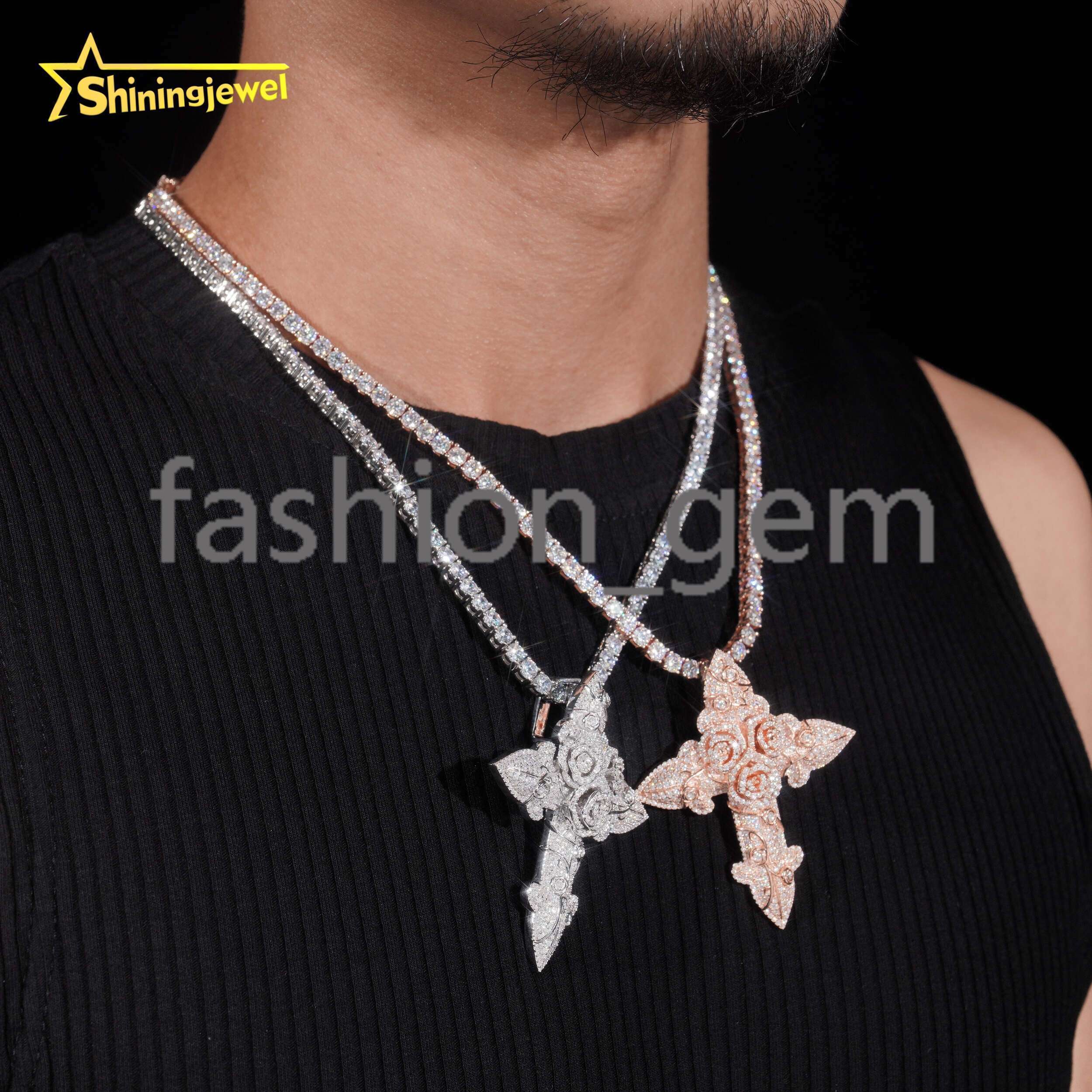 Cross Entangled Rose Moissanite Pendant S925 Gold Plated Moissanite Pass Diamond Test Hip Pendant Custom Pieces