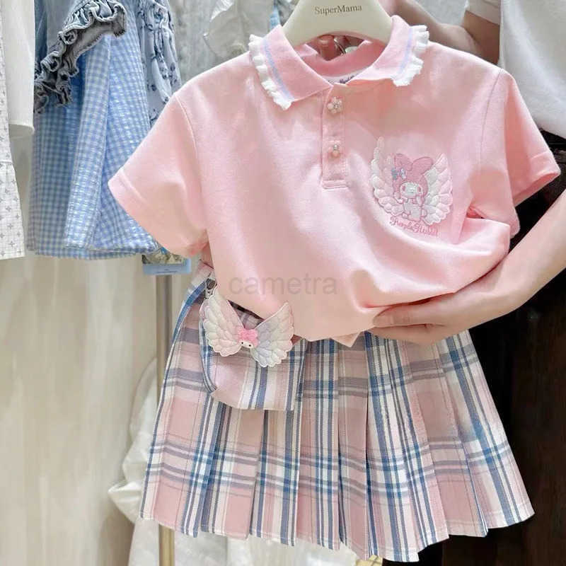 Sanrio Kawaii Kuromi Kids Plaid Skirt Set Korean Childrens Clothes Summer Fashion Sanrio Anime Cute Girl T-Shirt Pleated Skirt 2PcsXJ250618