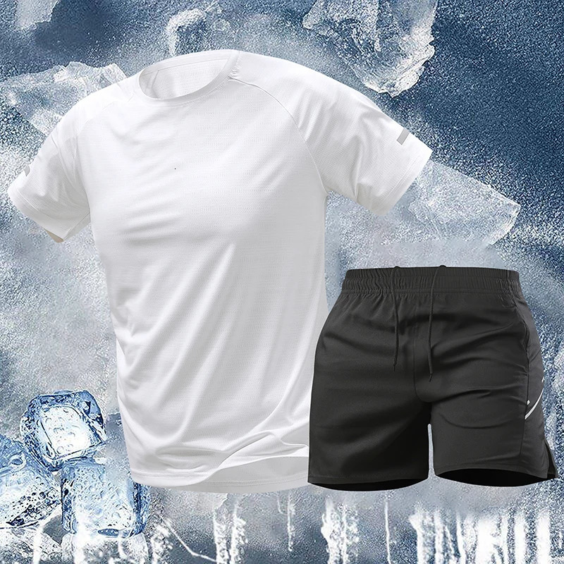 Men Outdoor Fitness Running Casual 5-point Shorts Short Sleeved Set High-quality Ice Silk Simple Natural Summer Comfortable Set 250617