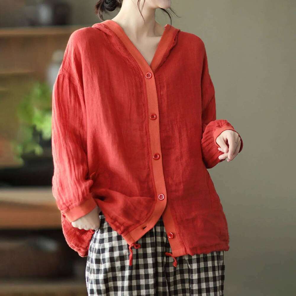 Hooded Button-Up Shirts for Women, Solid Cotton Long Sleeve Blouse, Spring and Autumn Tops, Loose Casual Shirt with Pocket, 2024