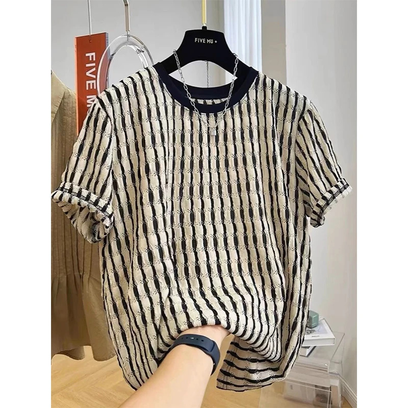Korean Fashion Summer T-Shirts Mens O-neck Panelled Hollow Out Jacquard Weave Temperament Casual Loose Short Sleeved Knit Tops 250617
