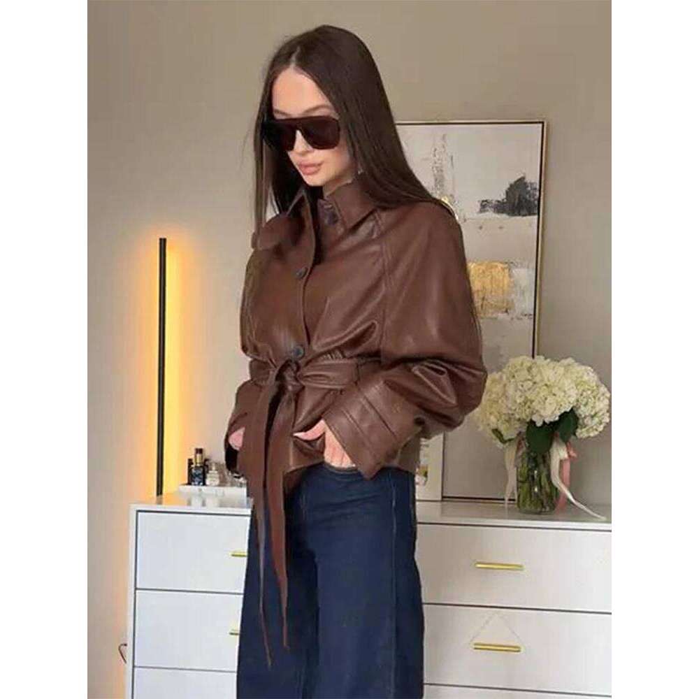 Street Brown Pu Leather Short Jacket Women Wind Loose Lapel Single Breasted Jackets Sashes Female Chic Versatile Coat