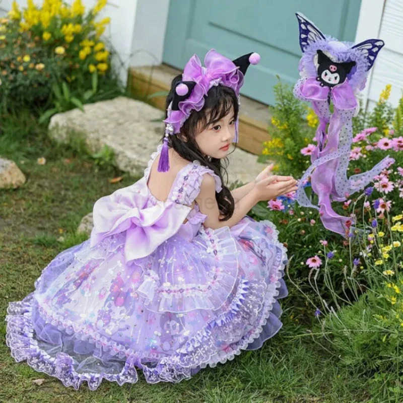 Sanrio Sanrio Kawaii Kuromi Girls Summer Suspender Princess Dress Short Anime Cotton Girly Heart Cute Lolita Skirt Dress Girls Gifts XJ250618