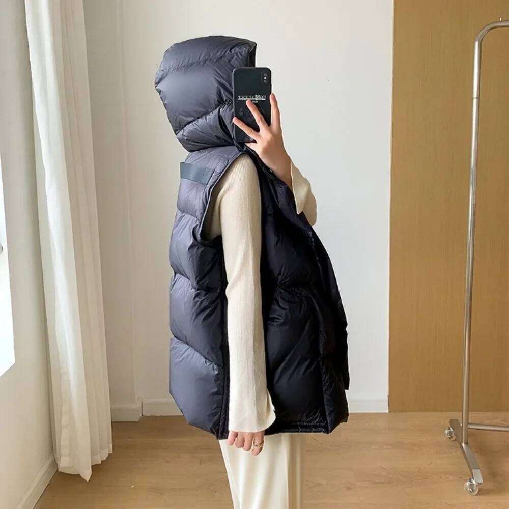 2024 Autumn Winter Warm Streetwear Pockets Oversize Puffer Coat Outerwear Hooded Waistcoat Woman Down Sleeveless Jacket