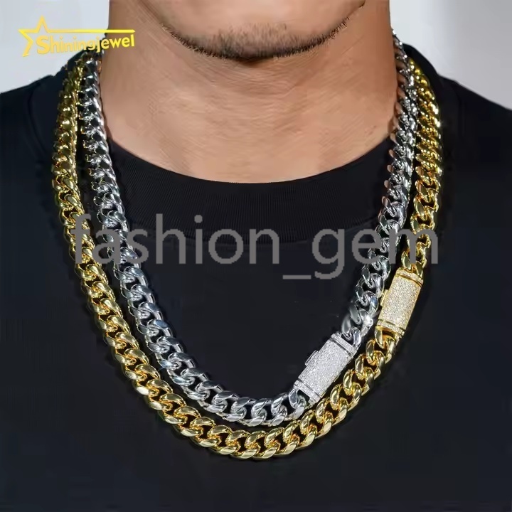 PVD Plated 14MM 925 silver Cuban Chains + 925 Silver VVS Moissanite Lock Fashion Men Hip Hop Necklace Bracelet