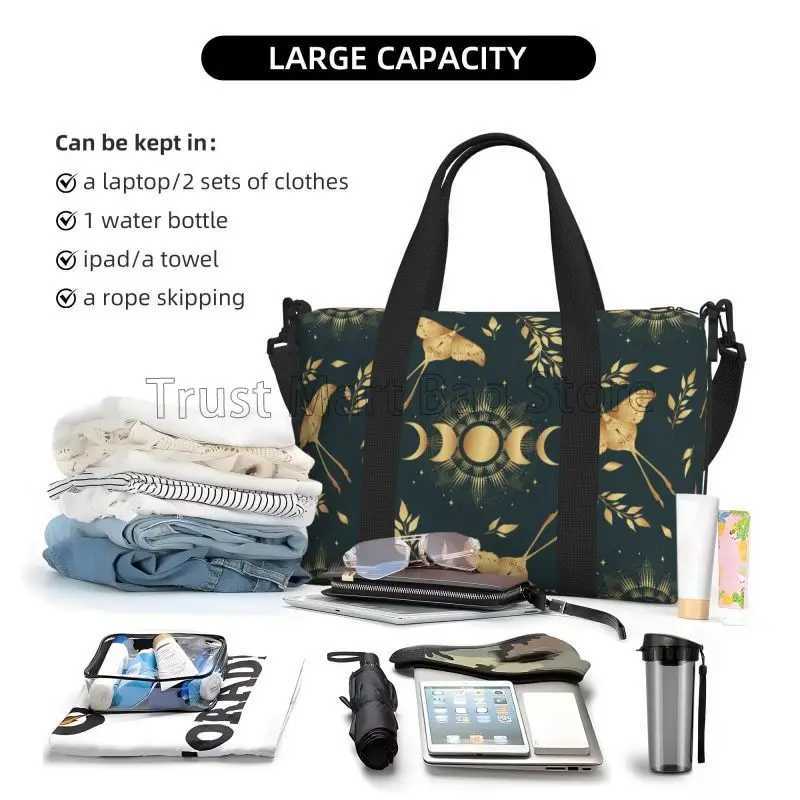 Magic Moon Moth and Moon Phases in Gold Colors Travel Duffle Bag Waterproof Weekender Overnight Tote Bag Sports Gym Yoga Bags W250618