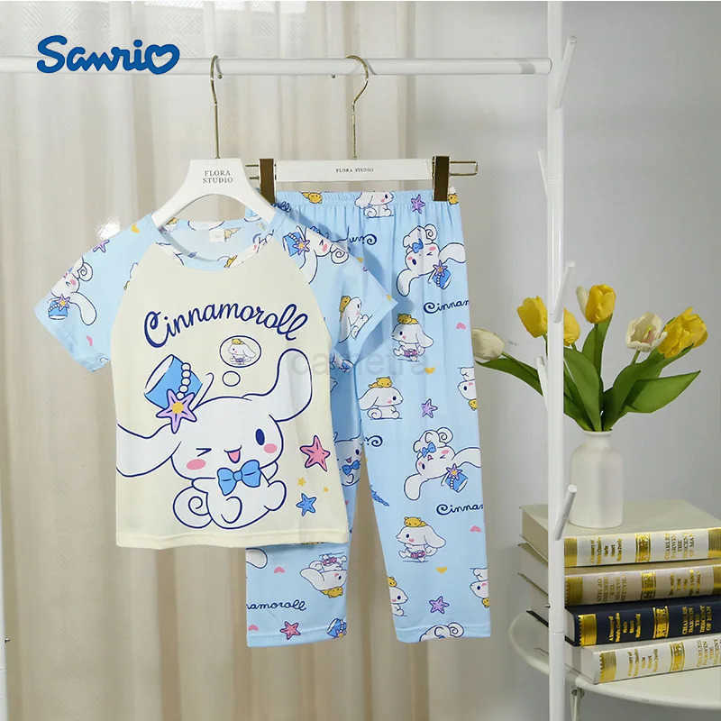 Sanrio Cinnamoroll Girls Summer Pajama Set Cartoon Patterned Crew Neck Short Sleeve Top and Long Pants Casual Home Wear for Children XJ250618XJ250618