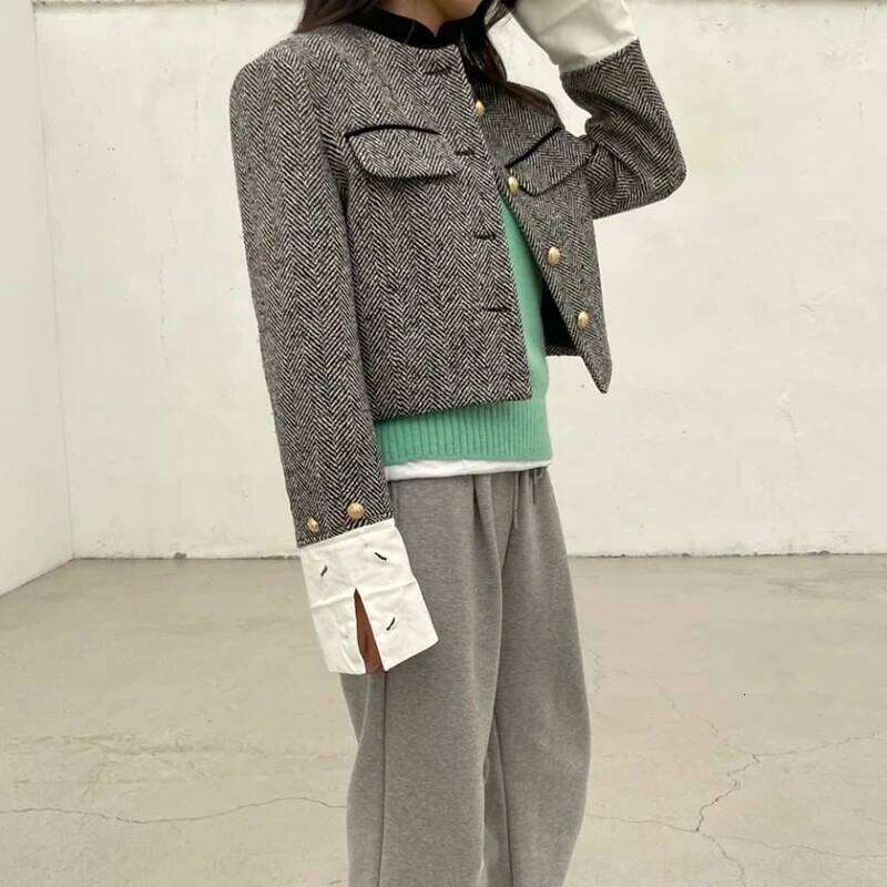 Biyaby Metal Button Stand Collar Jackets for Women Korean Style Pockets Plaid Coat Woman Spring Long Sleeve Cropped Jacket