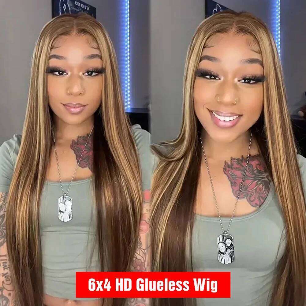 Highlight Glueless Wig Human Hair Ready To Wear Pre Cut Straight Ombre Color 13x6 HD Lace Frontal Wigs For Women Preplucked 100%