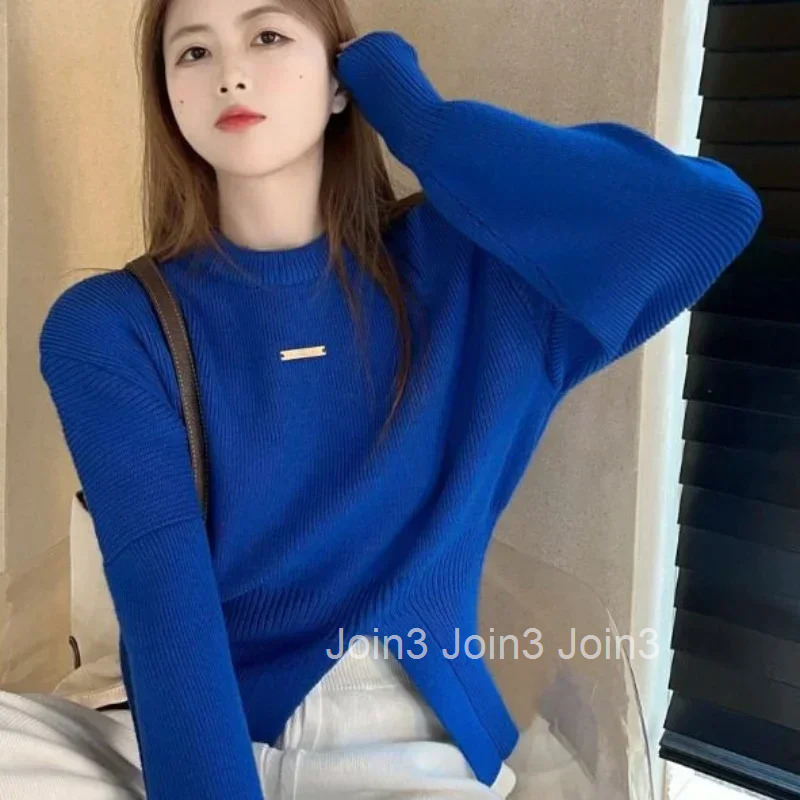 Knit Tops for Woman Blue Round O Neck Womens Sweater Crop Short Pullovers Y2k Vintage Designer Economics Modern Cold Winter 90s