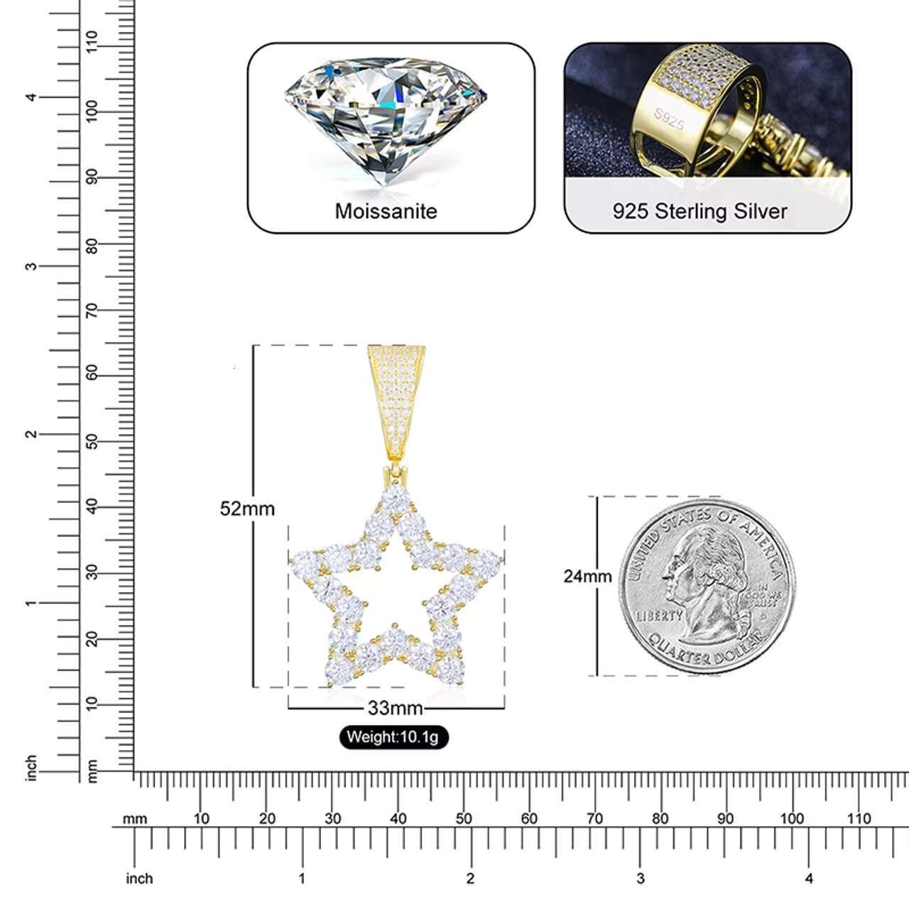 Stylish 925 Sterling Silver Flooded Ice Star Pendant with VVS Diamond Moissanite Hip Hop Style Necklace Charm
