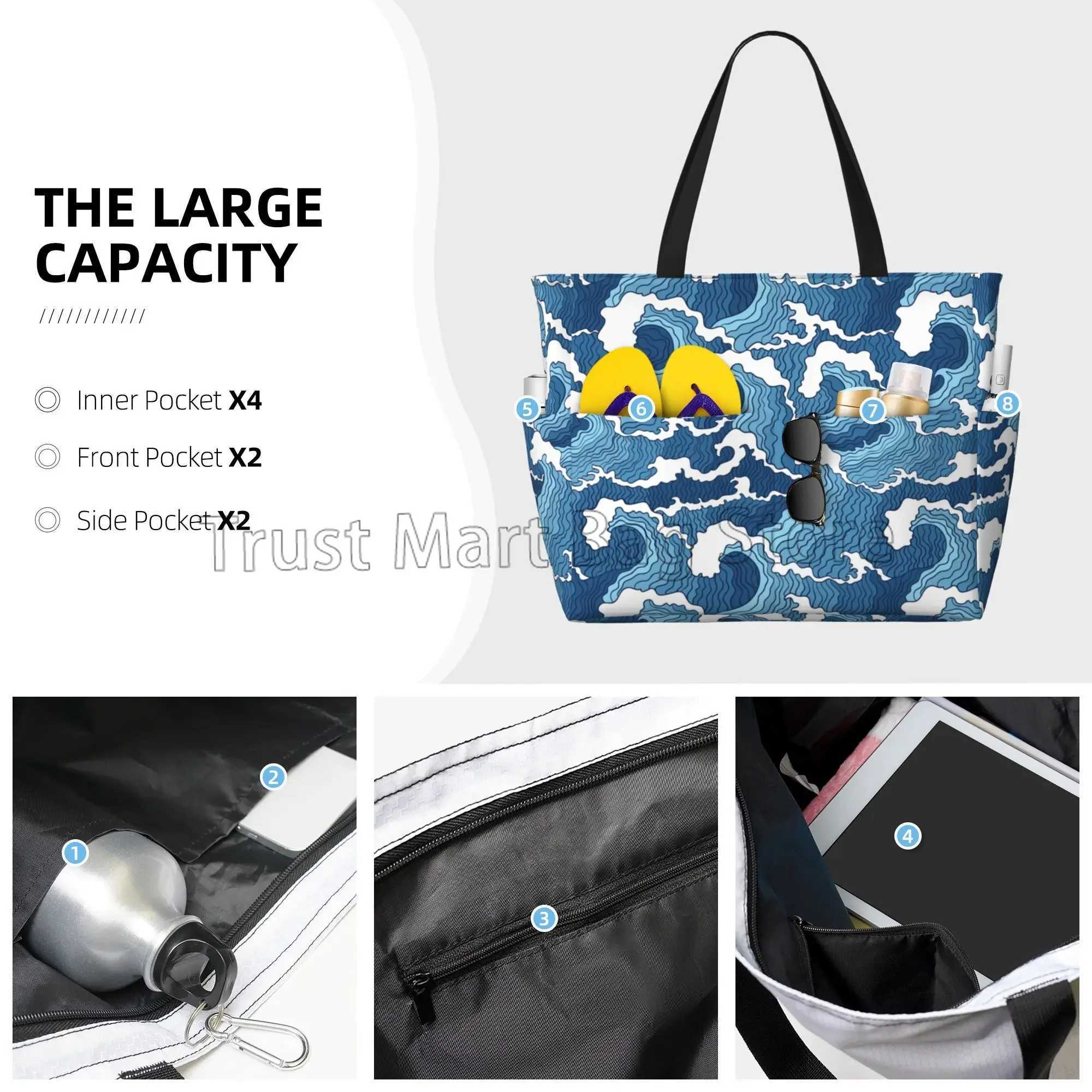 Sea Wave Beach Tote Bags for Women Waterproof Sandproof Large Pool Bag Stylish Zipper Beach Tote for Gym Travel Shopping School B250618