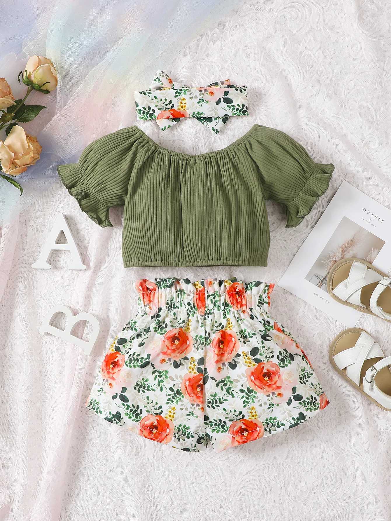 Summer round neck cute casual girl aged 0-2 Cotton Short Sleeved Headscarf Printed Bow Shorts Baby WearC250617