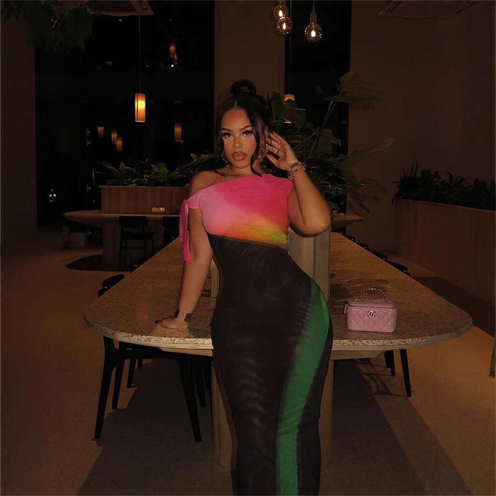 Autumn New Fashion Versatile Stretch Color-Block Slim Sexy Asymmetric Neck Long Bodycon Dress For Women B5