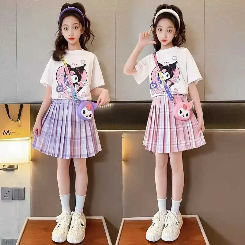 Sanrio Children Sanrio Kuromi Skirt Suit Summer Teen Girls Short-Sleeved Cartoon T-shirt Tops+Plaid Pleated Skirt 2Pce Set Preppy DressXJ250618
