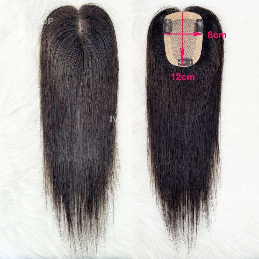 8x12cm Base Topper for Women Summer Breathable Silk Top Toupee Remy Human Hair System Cover with Clips in Black