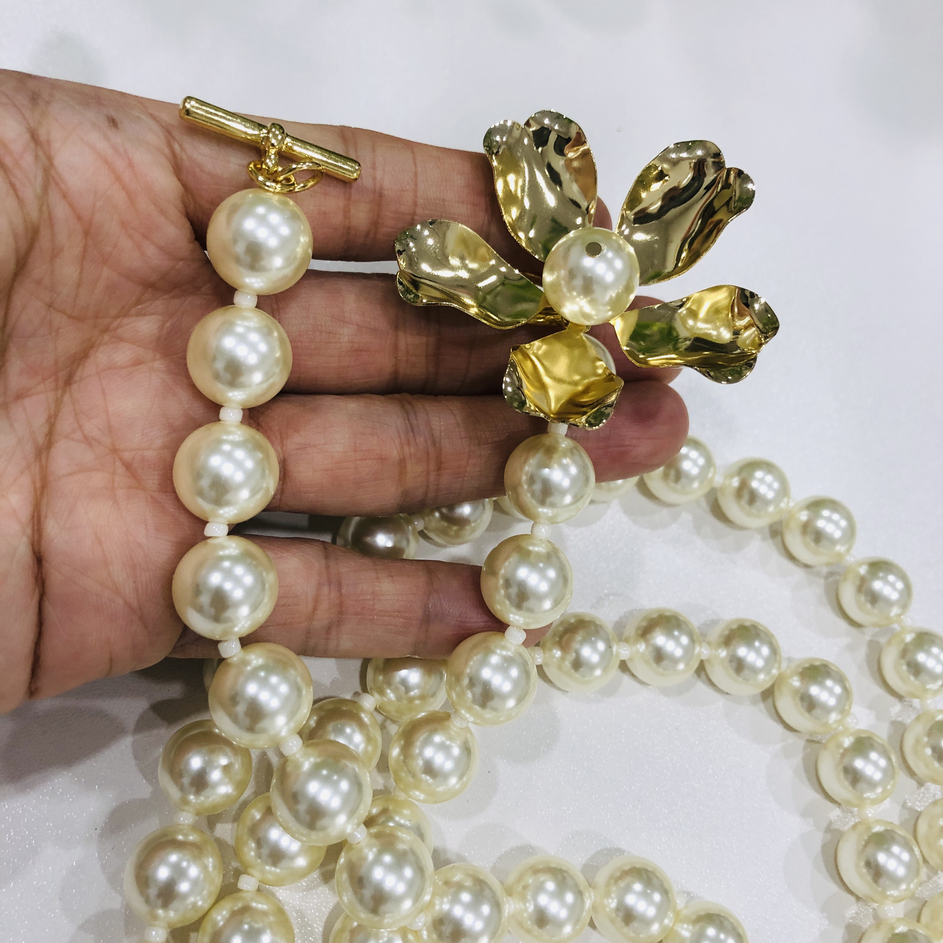 ADITA Long pearl necklace, 120cm, stainless steel metal flower, flowers can be adjusted to bloom. High quality necklace that never fades premium gifts
