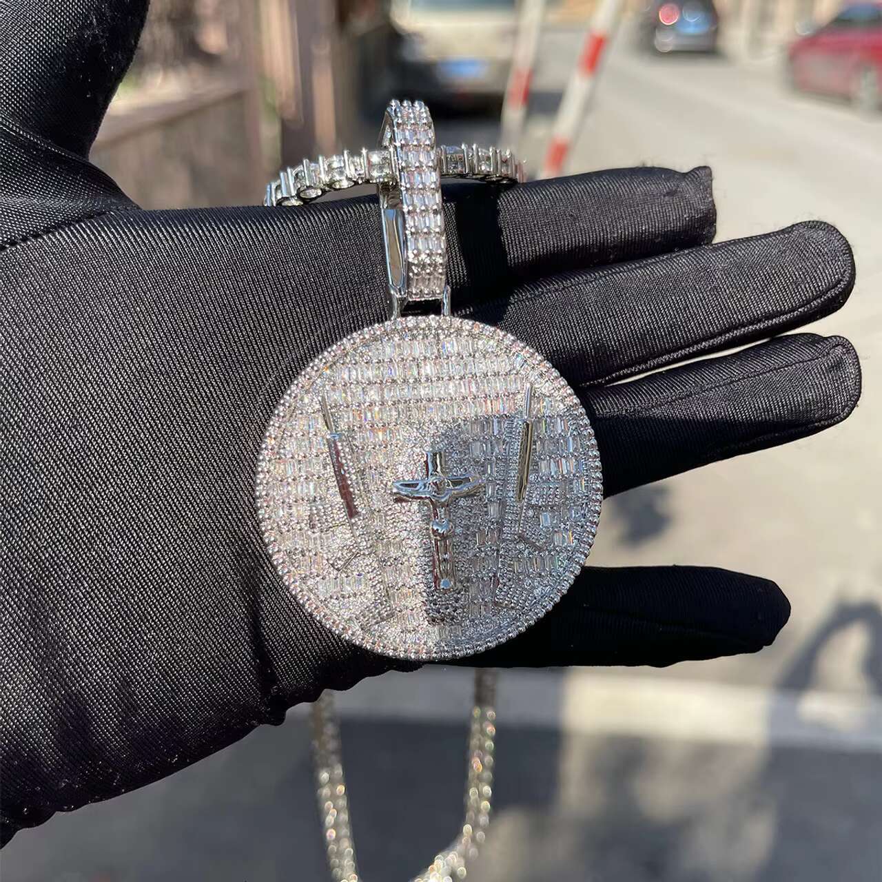 Trendy 24K Jesus Piece God of Protection with Ultimate Weapon Christian Cross Moissanite Pendants Charms