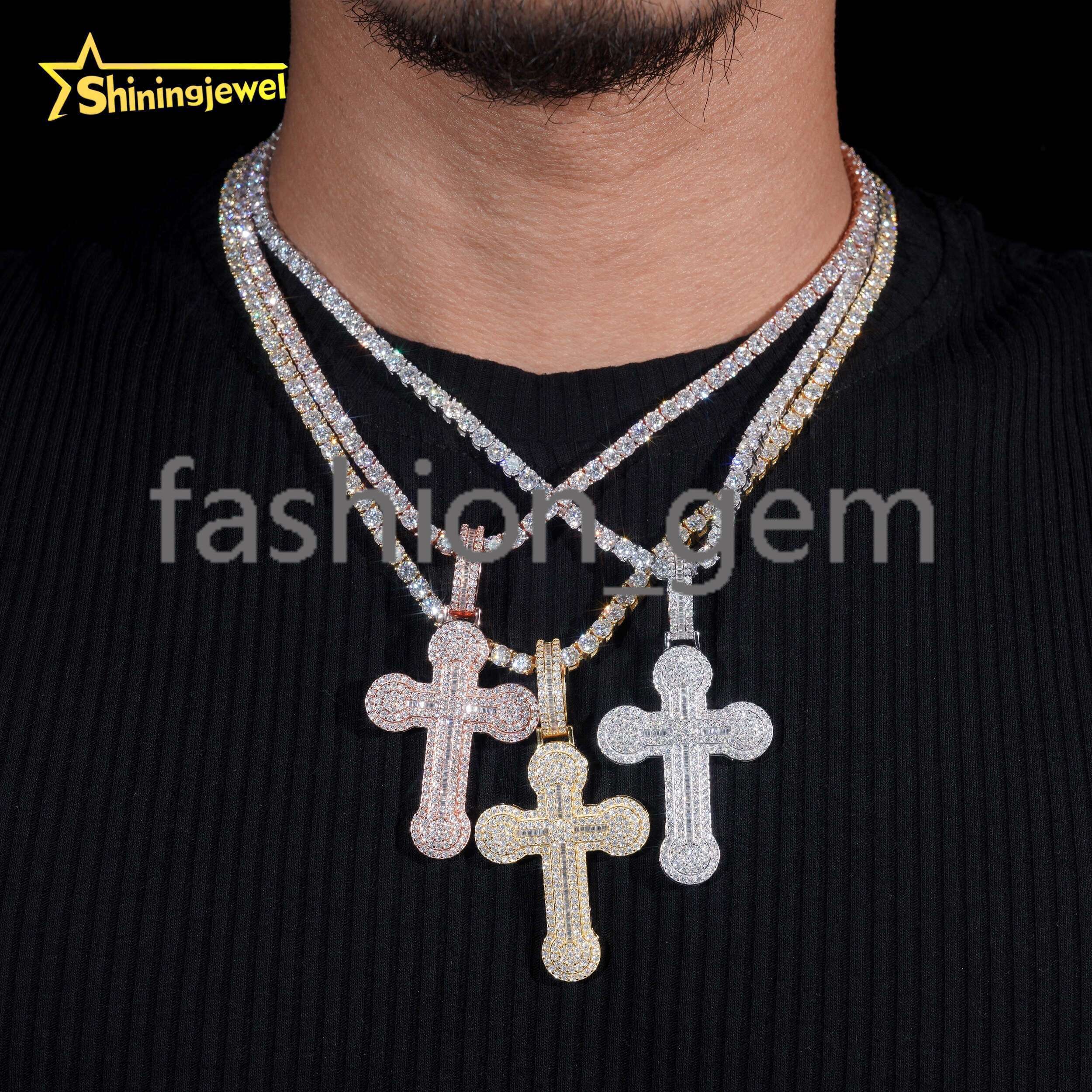 Iced Out Cross Pendant Baguette Moissanite Pass Diamond Test S925 Gold Plated Hip Moissanite Cross Charms Pendant