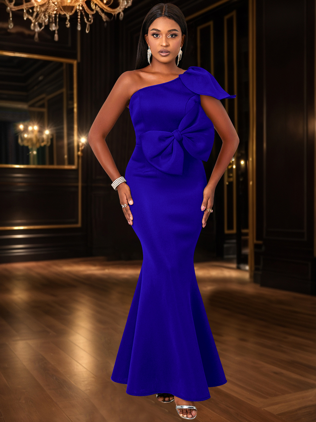 One Shoulder Mermaid Bodycon Dress Long Women Gowns With Bow Formal Party Wedding Birthday Sexy Fashion