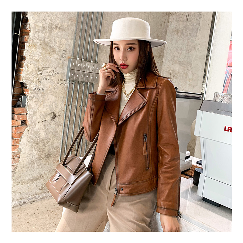 Womens Leather Jacket with Short Suit Collar - Customizable Motorcycle Style