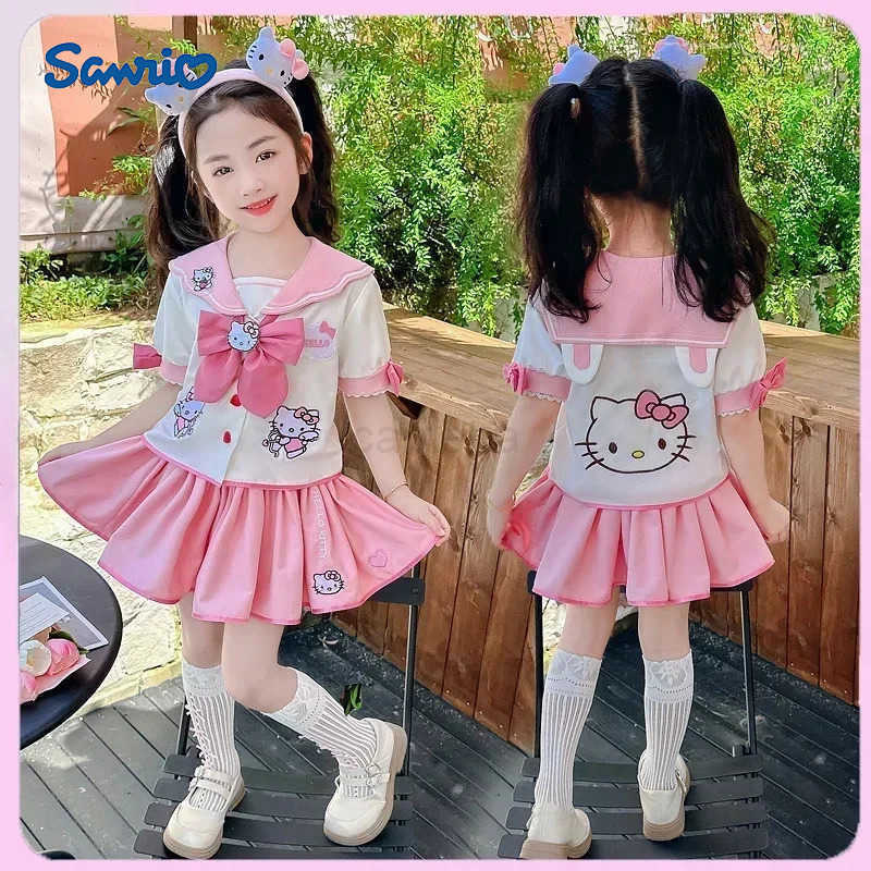 Sanrio Kawaii Sanrio Hello Kitty Children CosPlay Academy Style Pleated Skirt Girl Princess Clothes Childrens JK Uniform Birthday Gift XJ250618