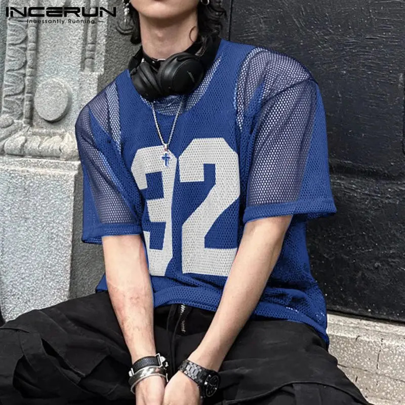 INCERUN Men T Shirt Mesh Transparent Printing O-neck Short Sleeve Sexy Men Clothing Streetwear Summer Fashion Male Tee Tops 250617