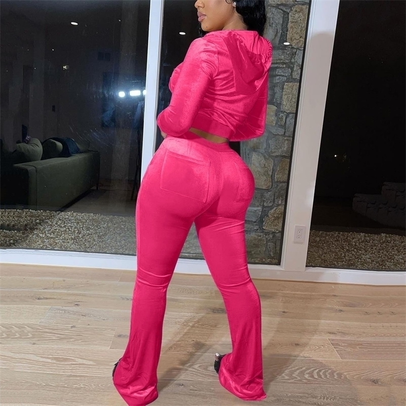 Women Velvet Jogging Suit Autumn Casual Velour Hoodie Cropped Top Jacket With Wide Leg Pants Tracksuits Womens Two Piece Set 250617