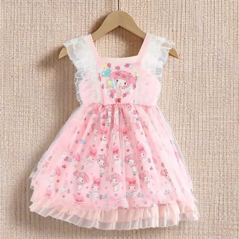 Sanrio Sanrio Kuromi Anime Peripherals Cartoon Character Girl Dress Kawaii Childrens Short Sleeve Puff Lolita Princess Skirt WholesaleXJ250618