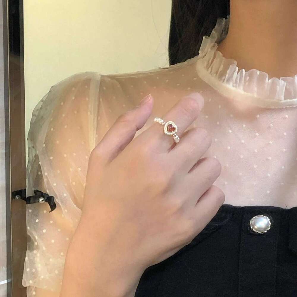 High Wine Red Garnet Heart Imitation Shijia Pearl for Women New Young Luxury High-end Elastic Rope Ring