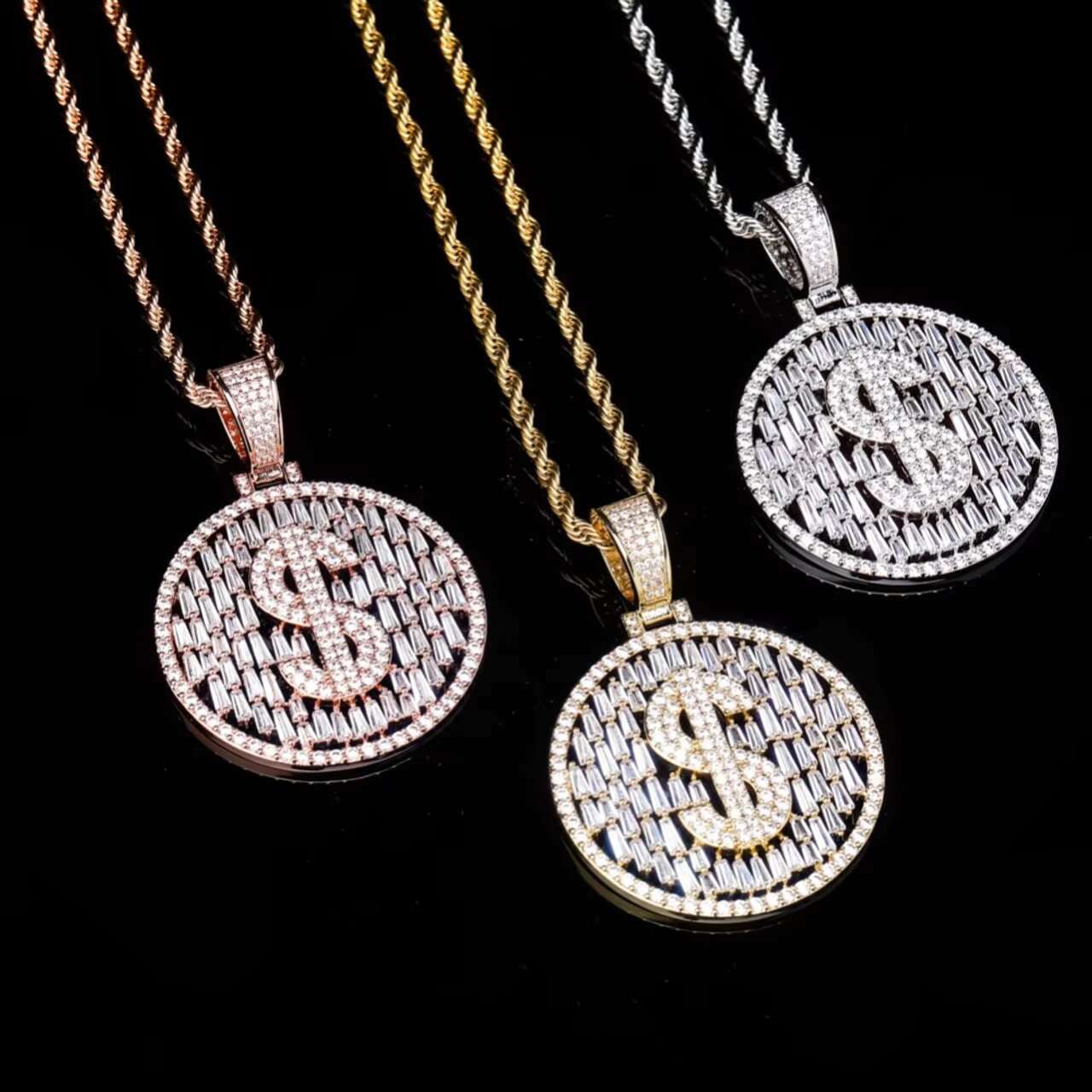Luxury Hip Hop Style Bling Baguette Large Pendant Dollar Sign Necklace Moissanite Necklaces for Men and Women