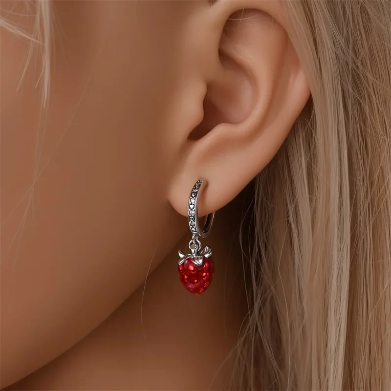 Original Earrings 925 Silver Fruit Series Cherry Strawberry Hoop Earrings Ear Studs Zircon Making Jewelry for Women Girl Party 250617