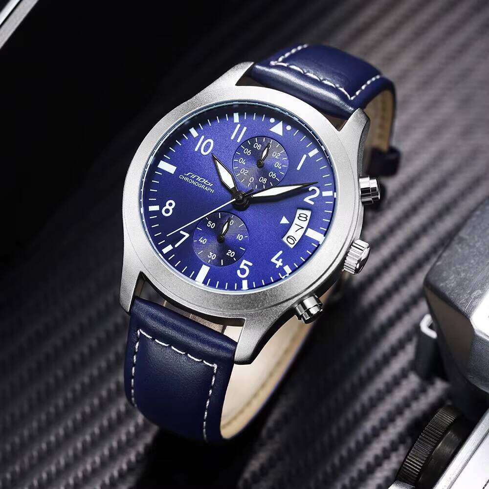 DHgargets SINOBI Quartz Watches Men Wrist Multi-function Genuine Leather Waterproof Chronograph Calendar Relojes Wristwatch