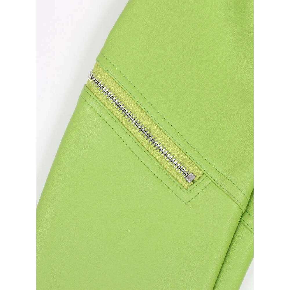 Nerazzurri Spring Autumn Colored Green Black Short Leather Biker Jacket Women Zipper Cool Designer Clothes Fashion 2022