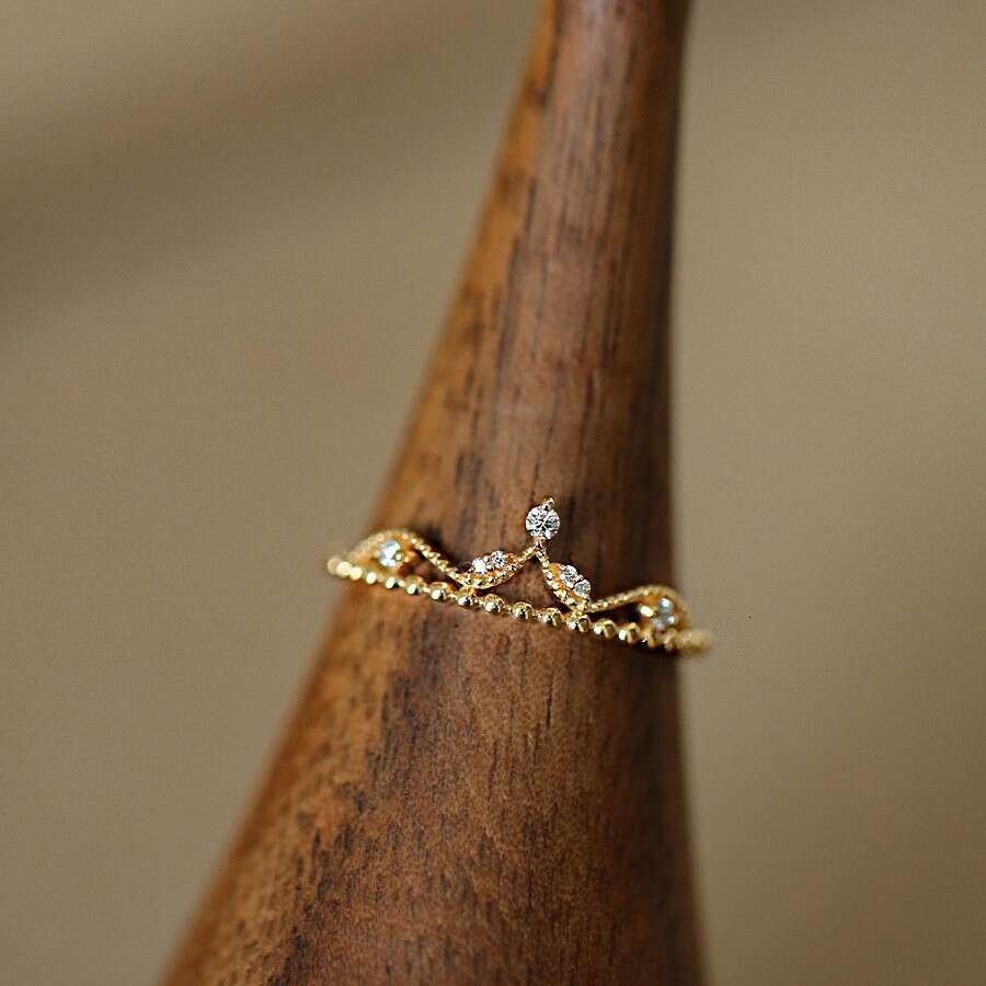 French Micro Paved Zircon for Women Princess Palace Style Light Luxury Crown Open Versatile Ring