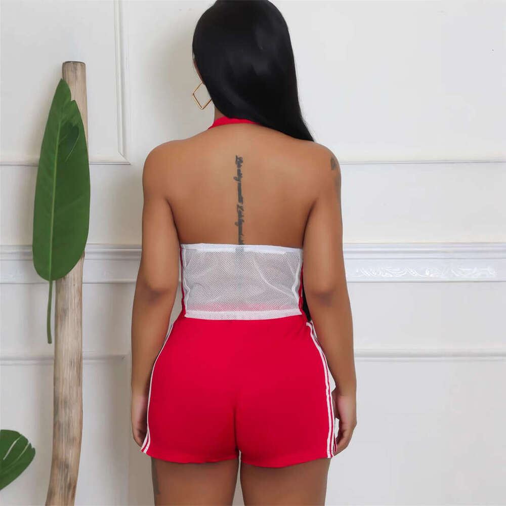 Summer New Women's Sexy Hot Girl Printed Backless Halter Neck See-Through Hollow Out Tube Top Shorts Set B5