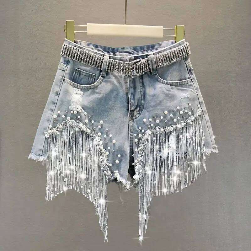 Wear Denim Shorts Women's Summer Clothes New European High Waist Thin Heavy Industry Beaded Sequined Fringed Broken Copper Jeans