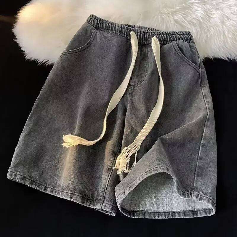 Men's Casual Thin Five-Point Denim Shorts, Vintage American Style Drawstring Loose Fit Straight Leg Summer Shorts