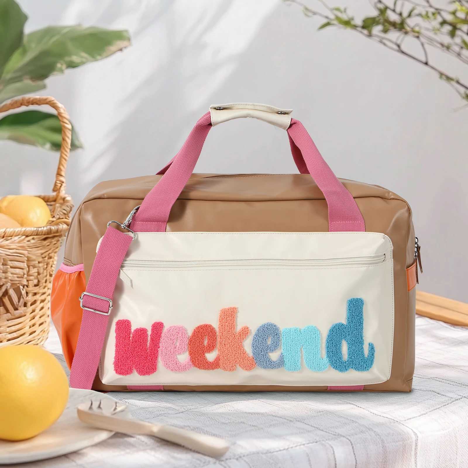 Chenille Letter Travel Bag Large Patchwork PU Leather Weekender Overnight Bag For Women Carry on Bags Travel Tote Vacation W250618