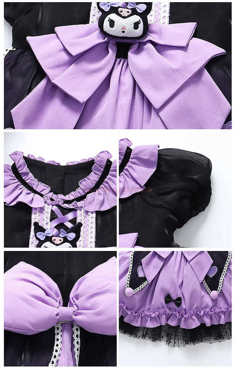 Sanrio 2024 Cosplay Sanrio Kuromi Lolita Princess Dress Children Birthday Party Costume Summer Bow Puffy Skirt Dress Suit Girls Gift XJ250618