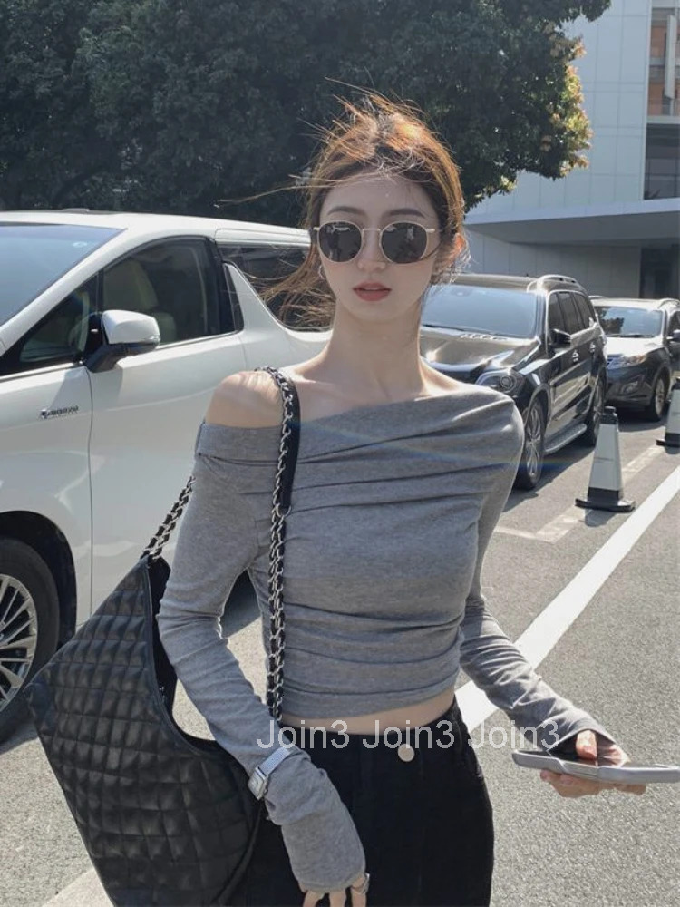 Women Off Shoulder Clothing 2025 Woman T-shirt Skinny Tall Offer Free Grey Top for Shipping Tee Causal Goth Polyester Emo Tshirt
