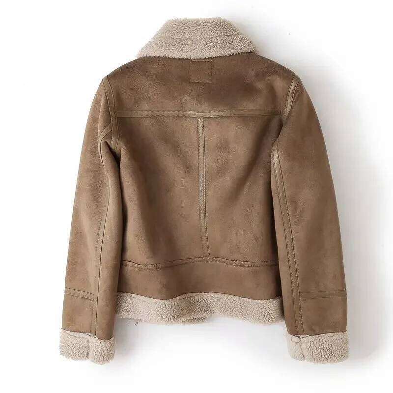 Women Winter Faux Shearling Sheepskin Fake Jackets Lady Thick Warm Suede Lambs Short Motorcycle Brown Coats Leather