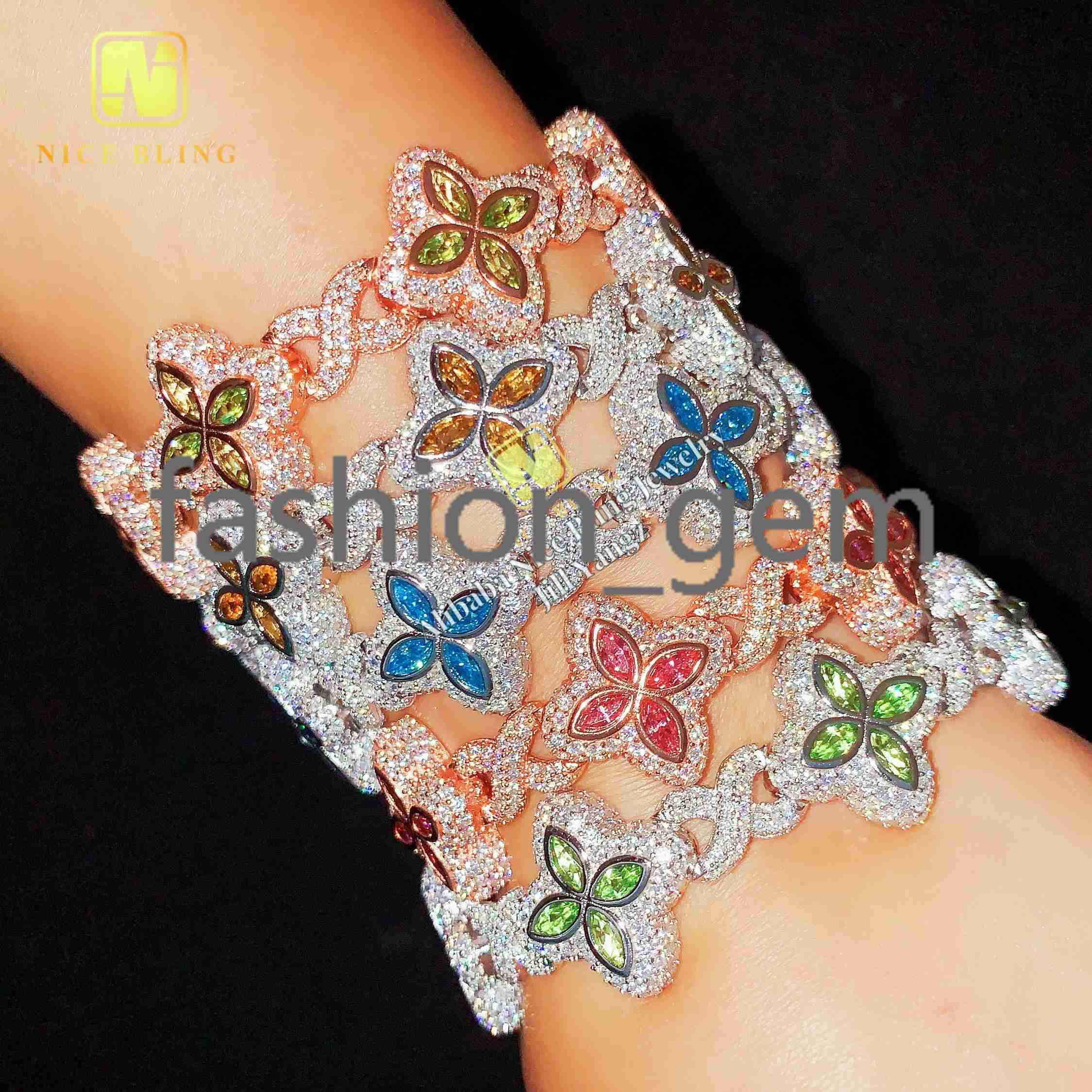 12 Options Colorful Moissanite Flower Cuban Bracelet Ready Stock Hip Hop Fancy Diamond Cuban Link Chain Moissanite 925 Silver