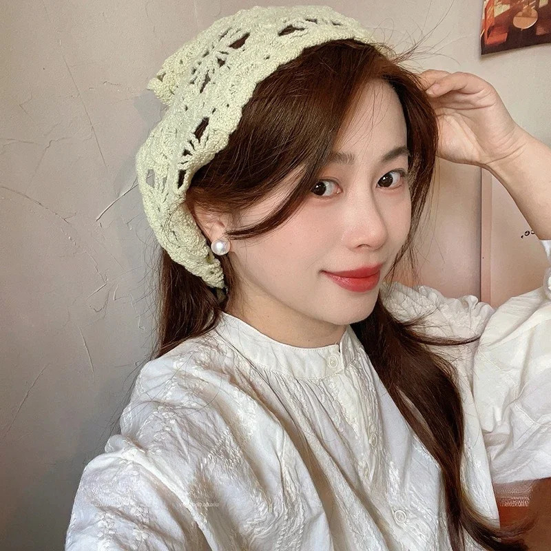 Hat French Pastoral Style Triangle Headband Handmade Fashion Knitted Headscarf Crochet Headband Towel Retro Flower Headscarf 250617
