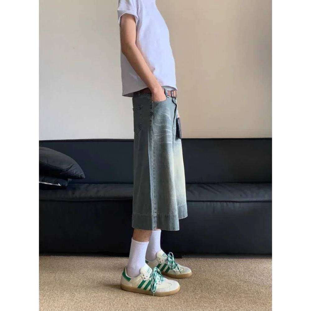 Wear HOUZHOU Women Washed Blue Jeans Vintage Y2k Long Jorts Baggy Haruku High Waist Korean Streetwear Wide Leg Denim Shorts