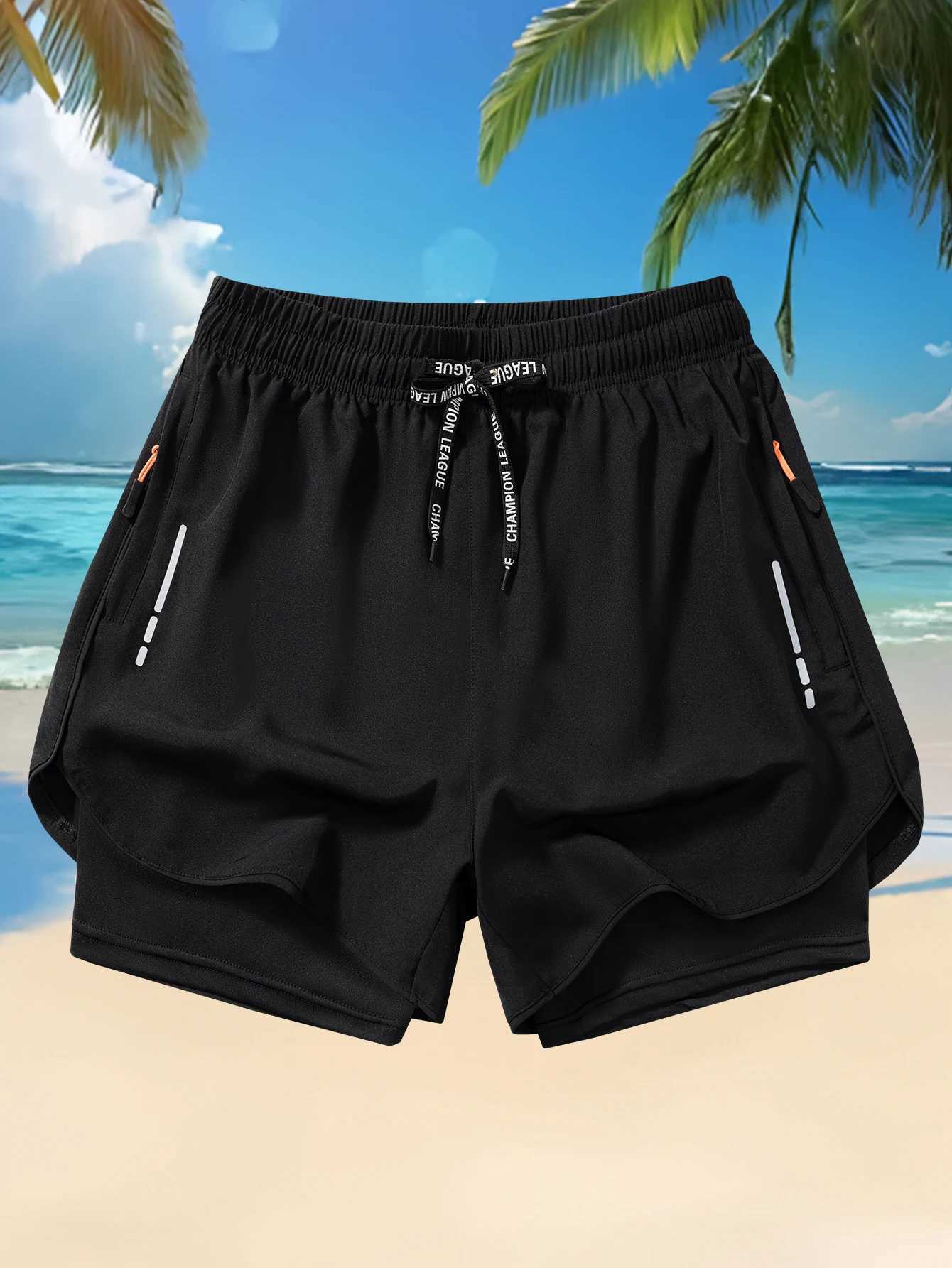 Mens Summer Running Shorts with Zipper Pockets - Breathable Polyester Elastic Waistband Drawstring Split Hem for Gym Training XJ250618