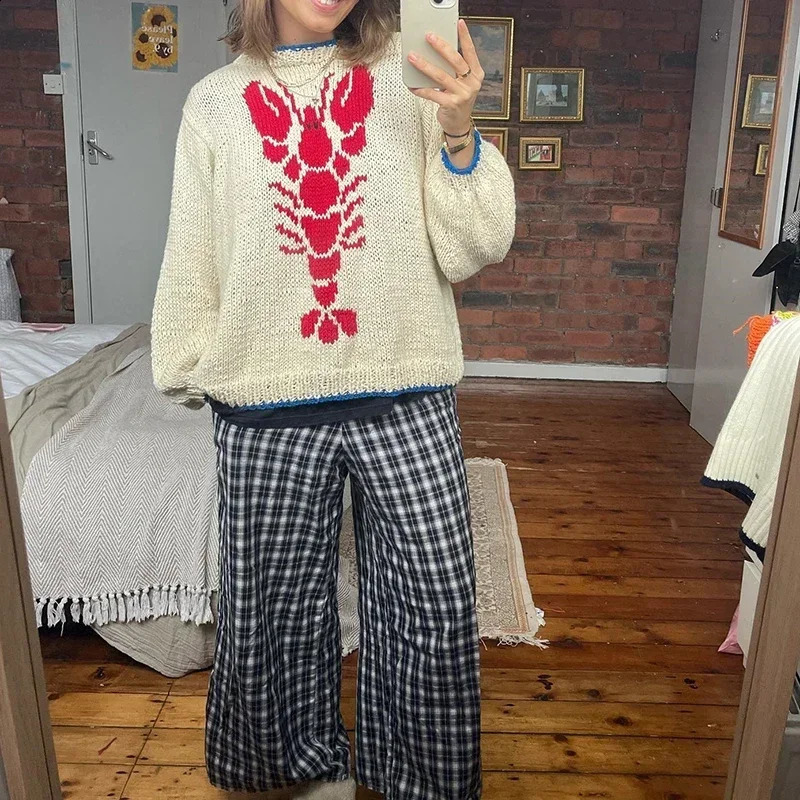 Y2K Knitted Pullovers 90s Vintage Grunge Preppy Style Sweater Lobster Pattern Autumn Winter Long Sleeve Knitwear Women Clothes 250614