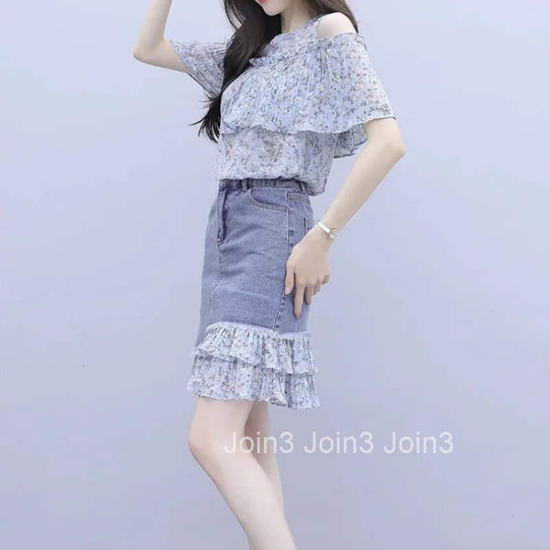 Short Sleeve Skirt Womens Two Piece Set Kawaii Female Outfits Printing Denim Chic and Elegant Jacket Full Summer Fashion 2025