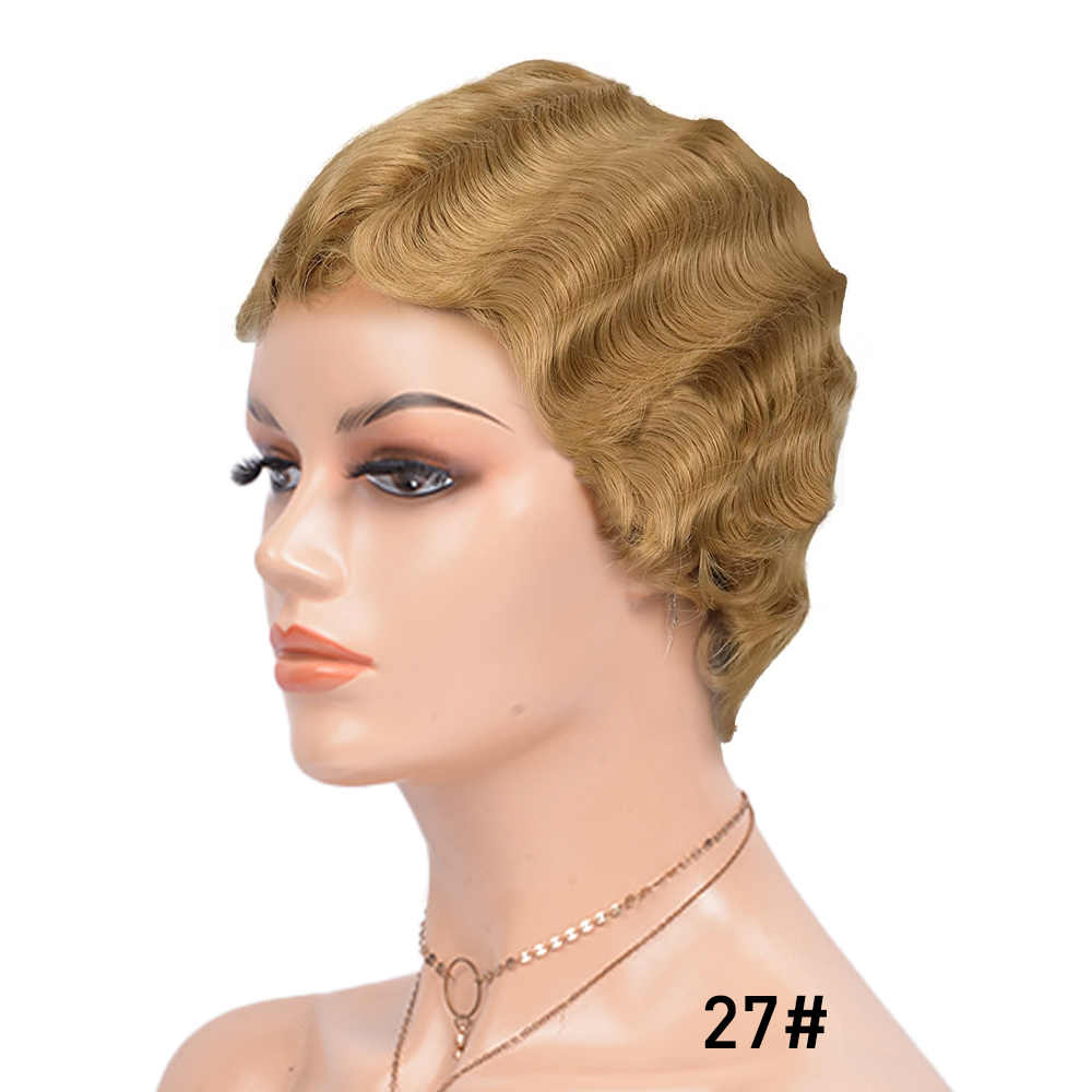 Finger Wave Wig Pixie Cut Short Bob Wavy Wig 100% Human Hair Curly Black Colored Cute Wig African Black Wigs for Women Mommy Wig Short Pixie Cut Wigs 