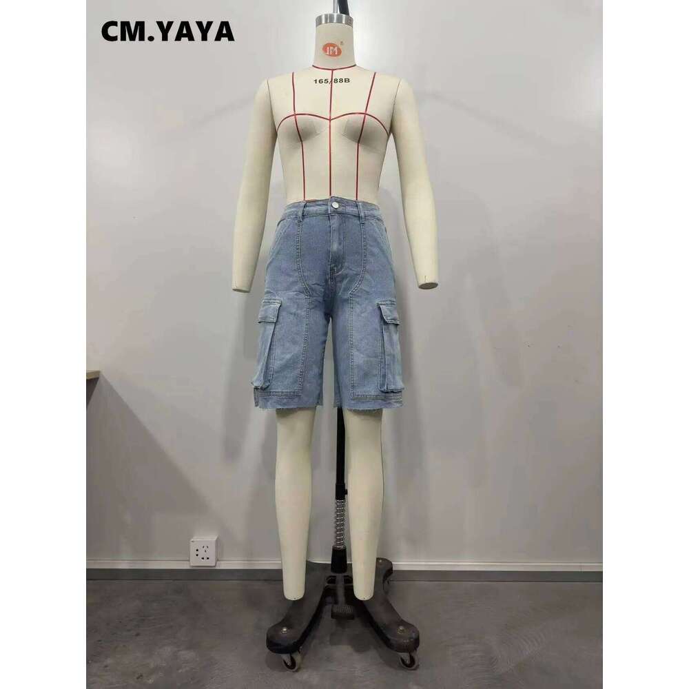 Wear Cm.Yaya Women Fashion Pocket Side Straight Knee Length Cargo Jeans Summer Party Street Short Pants